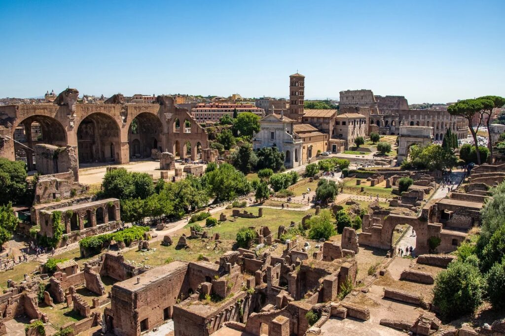 View of the Roman Forum and Colosseum from Palatine Hill, Rome, Italy